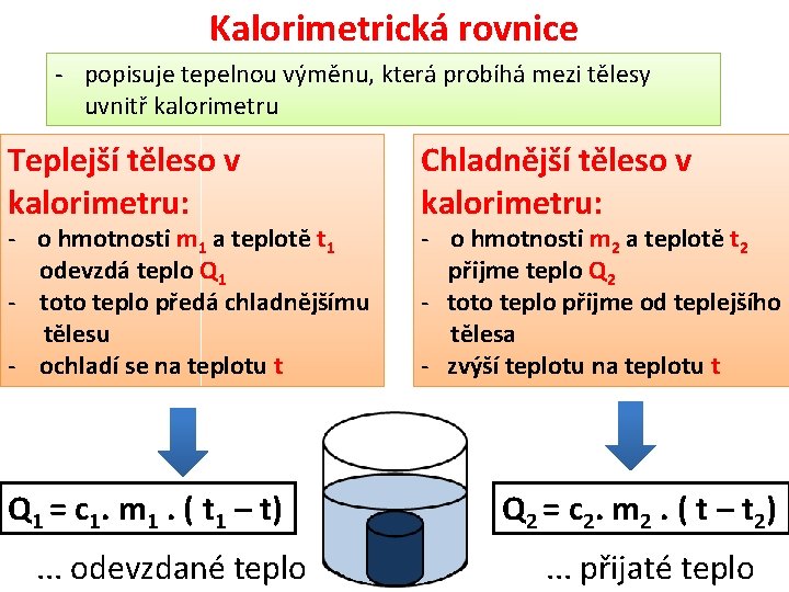 Kalorimetrická rovnice - popisuje tepelnou výměnu, která probíhá mezi tělesy uvnitř kalorimetru Teplejší těleso