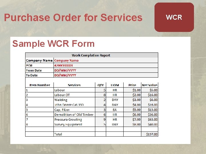 Purchase Order for Services Sample WCR Form WCR Purchase Order for Services Sample WCR Form WCR