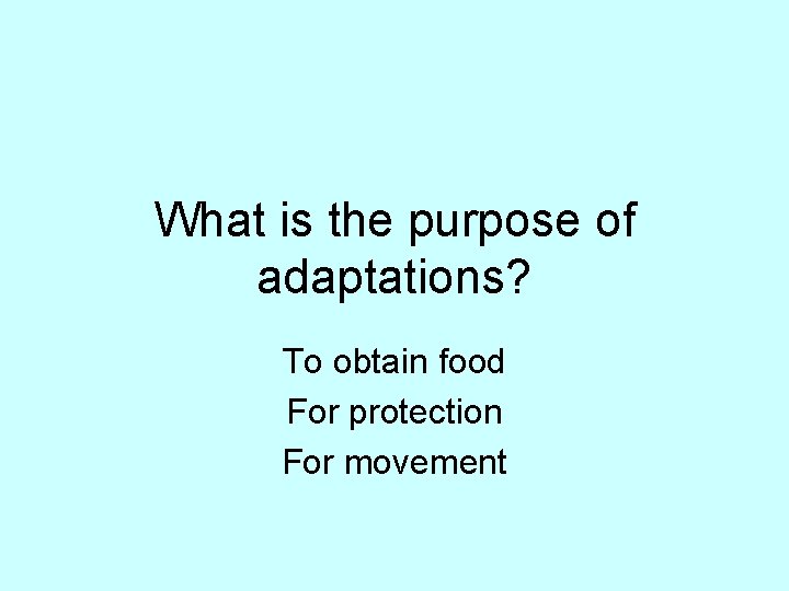 What is the purpose of adaptations? To obtain food For protection For movement 