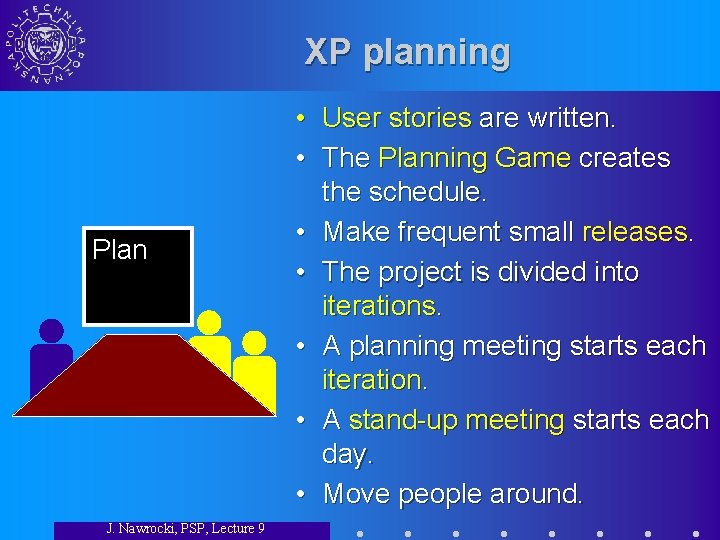 XP planning Plan J. Nawrocki, PSP, Lecture 9 • User stories are written. •