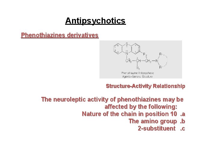 Antipsychotics Phenothiazines derivatives Structure-Activity Relationship The neuroleptic activity of phenothiazines may be affected by