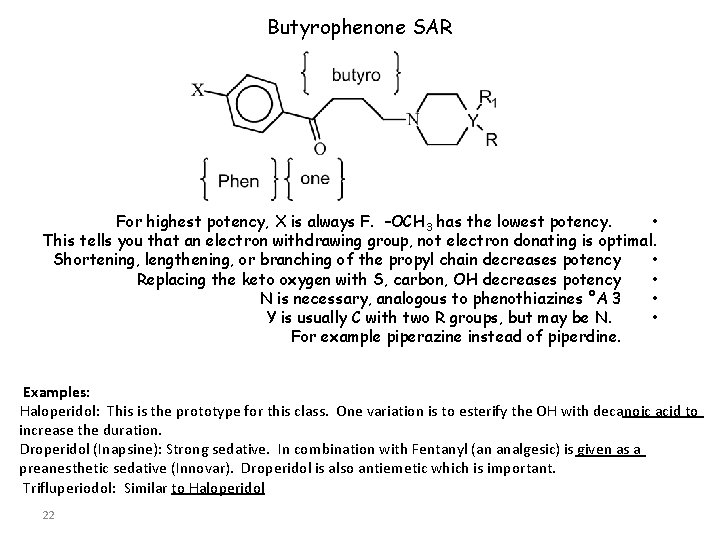 Butyrophenone SAR For highest potency, X is always F. –OCH 3 has the lowest