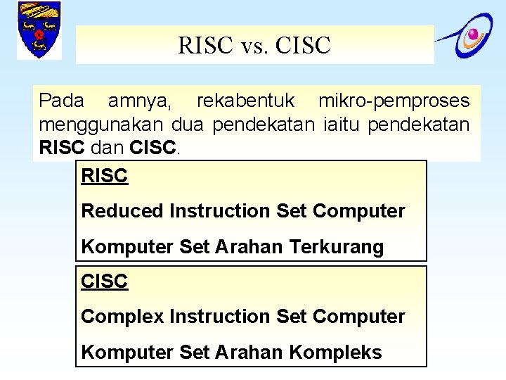 RISC vs. CISC Pada amnya, rekabentuk mikro-pemproses menggunakan dua pendekatan iaitu pendekatan RISC dan