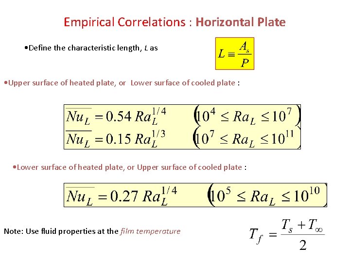 Empirical Correlations : Horizontal Plate • Define the characteristic length, L as • Upper