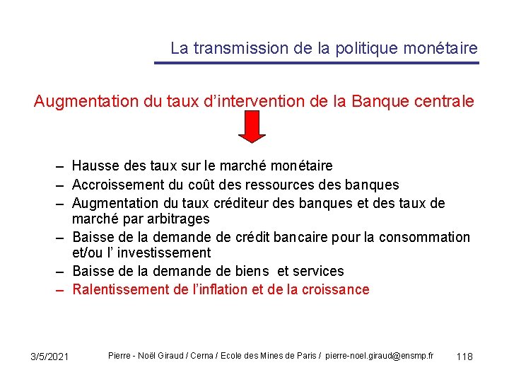 La transmission de la politique monétaire Augmentation du taux d’intervention de la Banque centrale