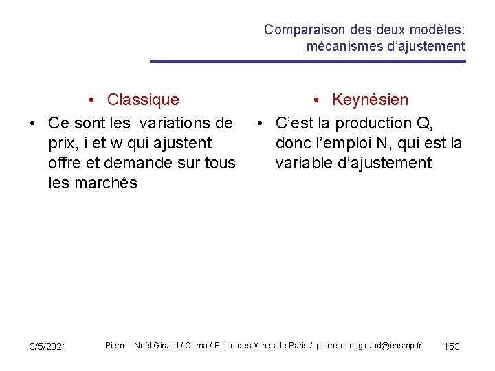 Comparaison des deux modèles: mécanismes d’ajustement • Classique • Keynésien • Ce sont les