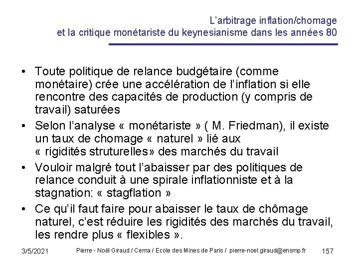 L’arbitrage inflation/chomage et la critique monétariste du keynesianisme dans les années 80 • Toute