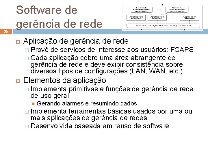 35 Software de gerência de rede Aplicação de gerência de rede � Provê de