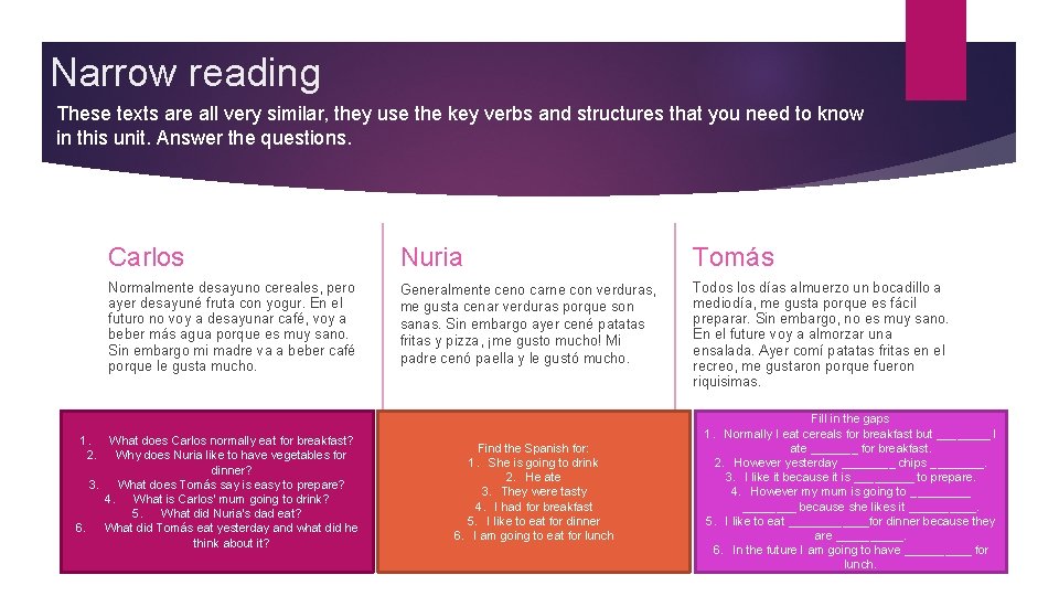 Narrow reading These texts are all very similar, they use the key verbs and