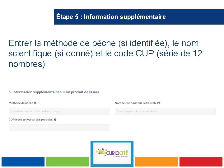 Étape 5 : Information supplémentaire Entrer la méthode de pêche (si identifiée), le nom