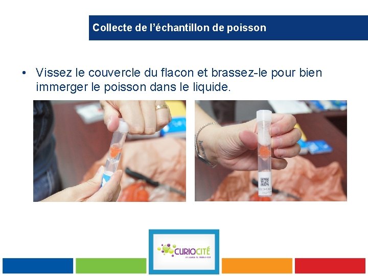 Collecte de l’échantillon de poisson • Vissez le couvercle du flacon et brassez-le pour