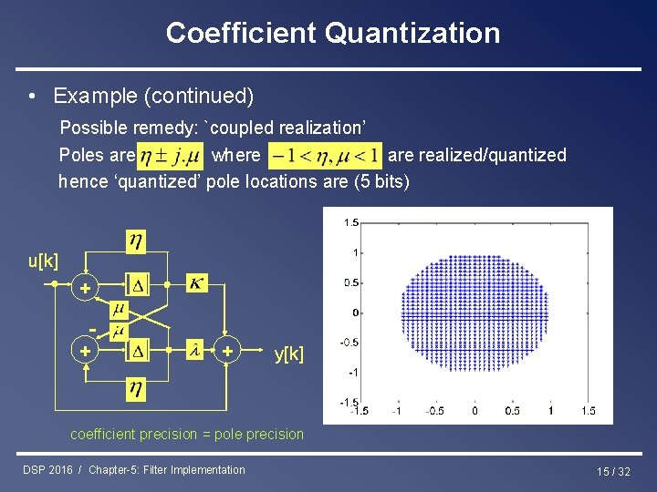 Coefficient Quantization • Example (continued) Possible remedy: `coupled realization’ Poles are where are realized/quantized