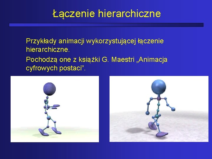 Łączenie hierarchiczne Przykłady animacji wykorzystującej łączenie hierarchiczne. Pochodzą one z książki G. Maestri „Animacja