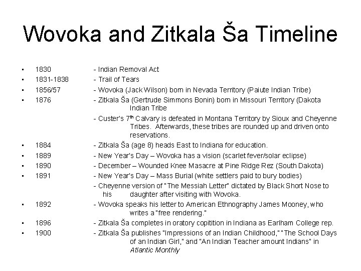 Wovoka and Zitkala Ša Timeline • • 1830 1831 -1838 1856/57 1876 • •