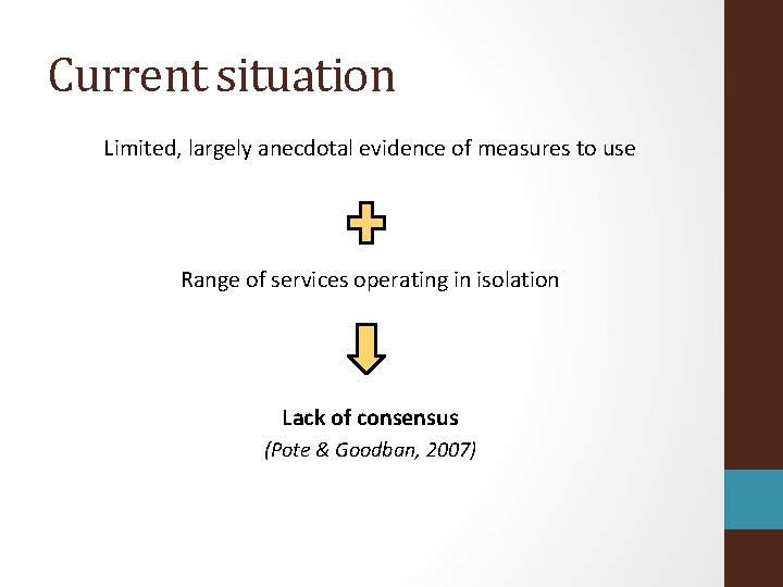 Current situation Limited, largely anecdotal evidence of measures to use Range of services operating