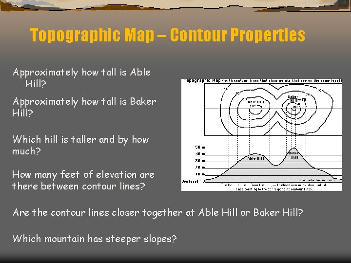 Topographic Map – Contour Properties Approximately how tall is Able Hill? Approximately how tall