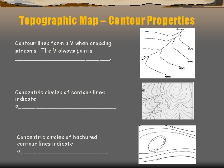 Topographic Map – Contour Properties Contour lines form a V when crossing streams. The Topographic Map – Contour Properties Contour lines form a V when crossing streams. The