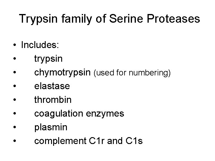 Trypsin family of Serine Proteases • Includes: • trypsin • chymotrypsin (used for numbering)