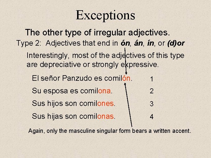 Exceptions The other type of irregular adjectives. Type 2: Adjectives that end in ón, Exceptions The other type of irregular adjectives. Type 2: Adjectives that end in ón,