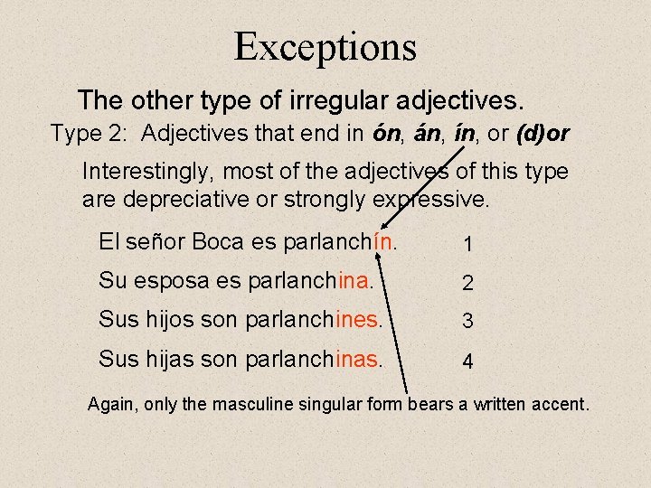 Exceptions The other type of irregular adjectives. Type 2: Adjectives that end in ón, Exceptions The other type of irregular adjectives. Type 2: Adjectives that end in ón,