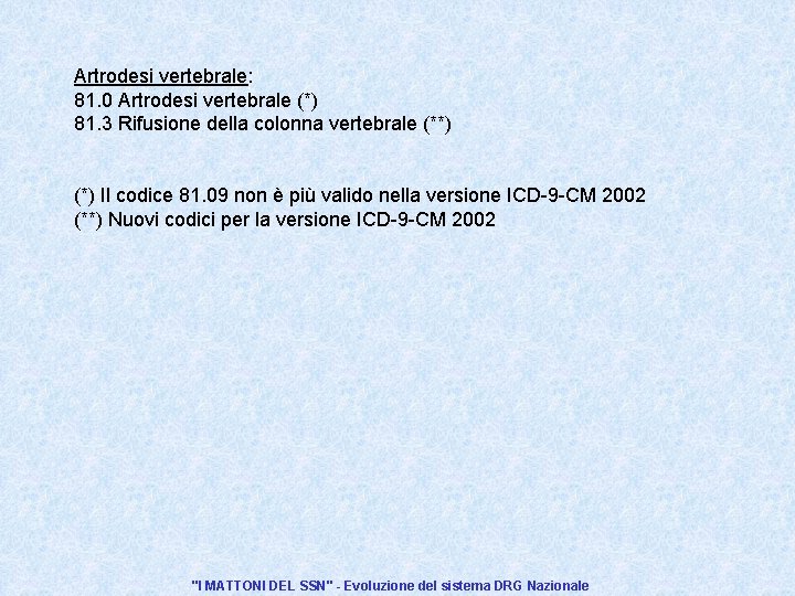 Artrodesi vertebrale: 81. 0 Artrodesi vertebrale (*) 81. 3 Rifusione della colonna vertebrale (**)