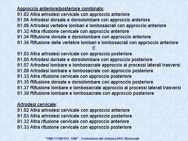 Approccio anteriore/posteriore combinato: 81. 02 Altra artrodesi cervicale con approccio anteriore 81. 04 Artrodesi