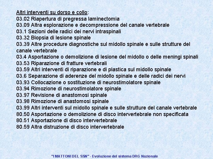 Altri interventi su dorso e collo: 03. 02 Riapertura di pregressa laminectomia 03. 09