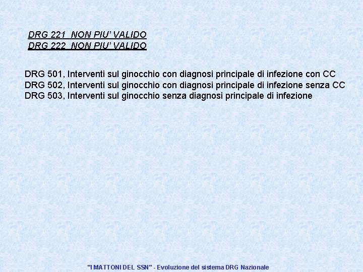 DRG 221 NON PIU’ VALIDO DRG 222 NON PIU’ VALIDO DRG 501, Interventi sul