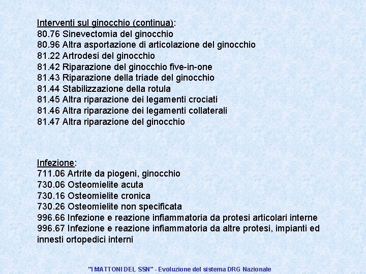 Interventi sul ginocchio (continua): 80. 76 Sinevectomia del ginocchio 80. 96 Altra asportazione di