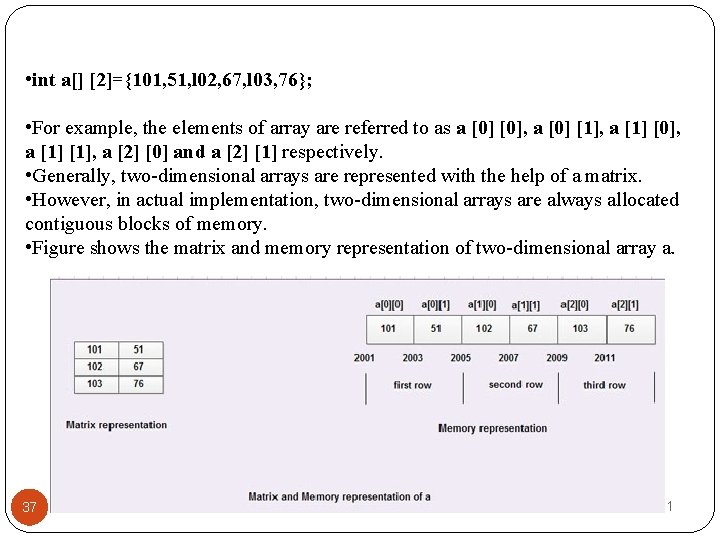  • int a[] [2]={101, 51, l 02, 67, l 03, 76}; • For