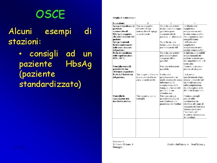 OSCE Alcuni esempi di stazioni: • consigli ad un paziente Hbs. Ag (paziente standardizzato)