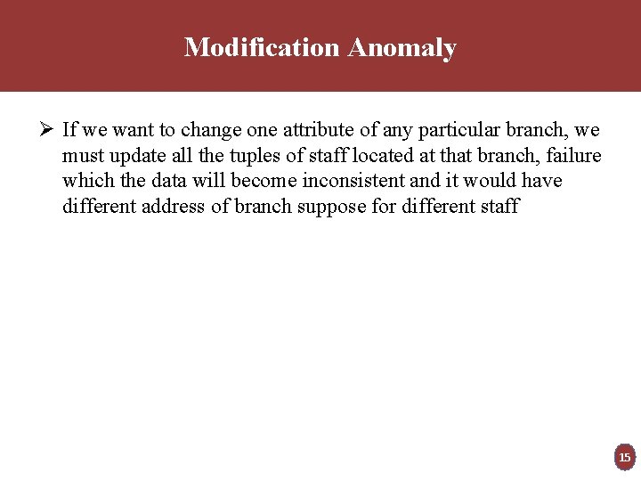 Modification Anomaly Ø If we want to change one attribute of any particular branch,