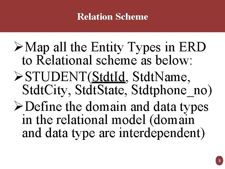 Relation Scheme ØMap all the Entity Types in ERD to Relational scheme as below: