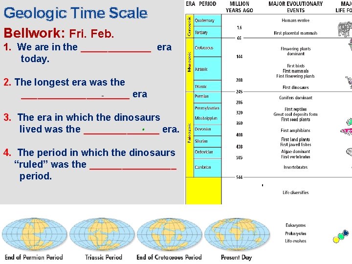 Geologic Time Scale Bellwork: Fri. Feb. 1. We are in the _______ era today.