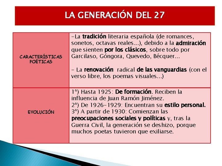 LA GENERACIÓN DEL 27 CARACTERÍSTICAS POÉTICAS -La tradición literaria española (de romances, sonetos, octavas