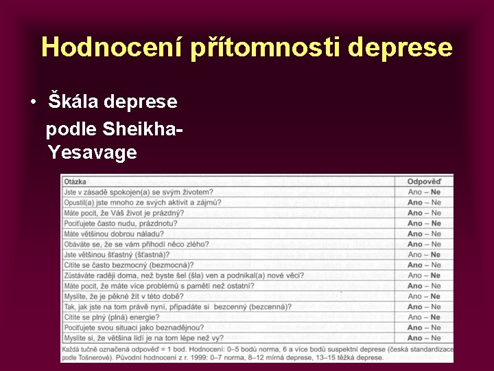 Hodnocení přítomnosti deprese • Škála deprese podle Sheikha. Yesavage 