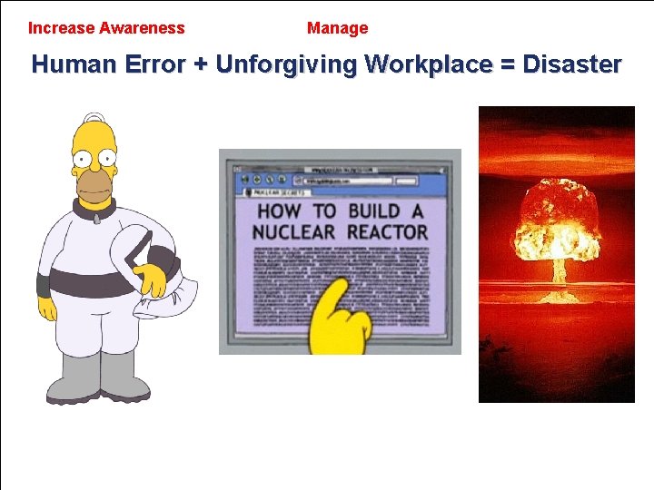 Increase Awareness Manage Human Error + Unforgiving Workplace = Disaster 