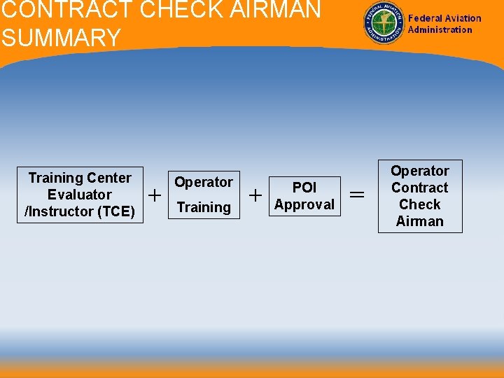 CONTRACT CHECK AIRMAN SUMMARY Training Center Evaluator /Instructor (TCE) + Operator Training + POI