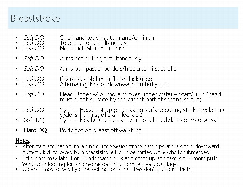 Breaststroke • Soft DQ One hand touch at turn and/or finish Touch is not Breaststroke • Soft DQ One hand touch at turn and/or finish Touch is not