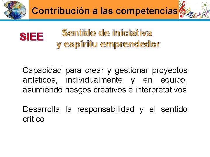 Contribución a las competencias SIEE Sentido de iniciativa y espíritu emprendedor Capacidad para crear