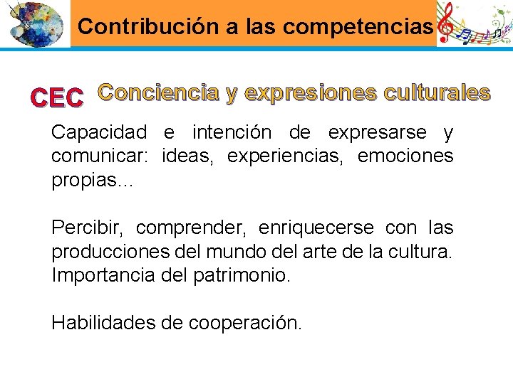 Contribución a las competencias CEC Conciencia y expresiones culturales Capacidad e intención de expresarse