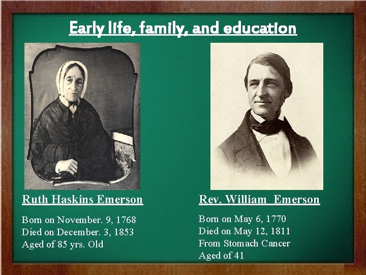 Early life, family, and education Ruth Haskins Emerson Rev. William Emerson Born on November.