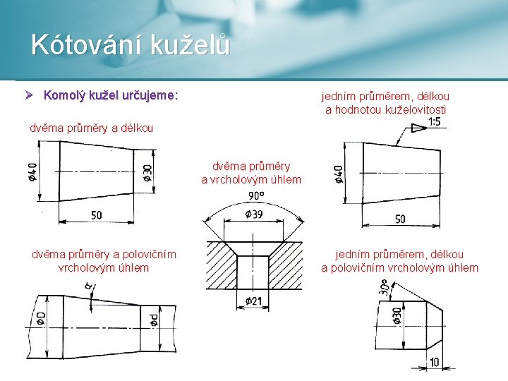 Kótování kuželů Ø Komolý kužel určujeme: jedním průměrem, délkou a hodnotou kuželovitosti dvěma průměry