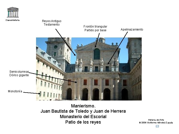 Claseshistoria Reyes Antiguo Testamento Frontón triangular Partido por base Apelmazamiento Semicolumnas Dórico gigante Monotonía