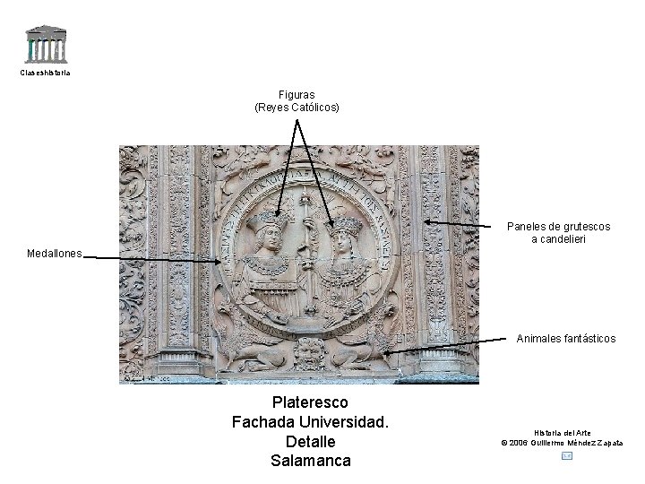 Claseshistoria Figuras (Reyes Católicos) Paneles de grutescos a candelieri Medallones Animales fantásticos Plateresco Fachada