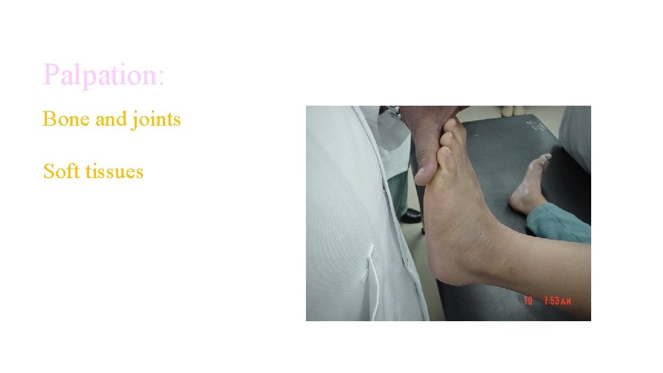 Palpation: Bone and joints Soft tissues Palpation: Bone and joints Soft tissues