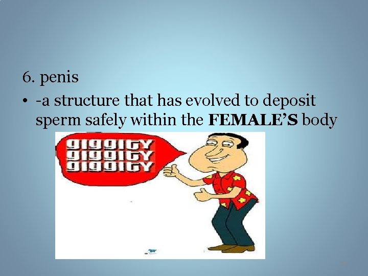 6. penis • -a structure that has evolved to deposit sperm safely within the