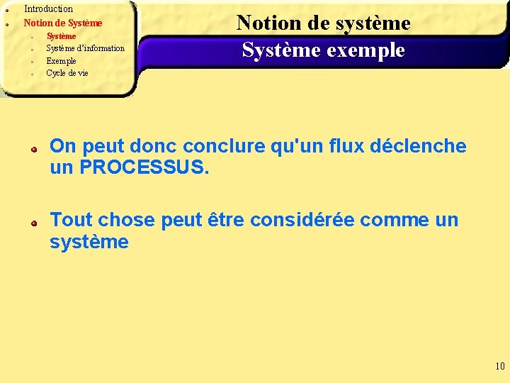 Introduction Notion de Système d’information Exemple Cycle de vie Notion de système Système exemple