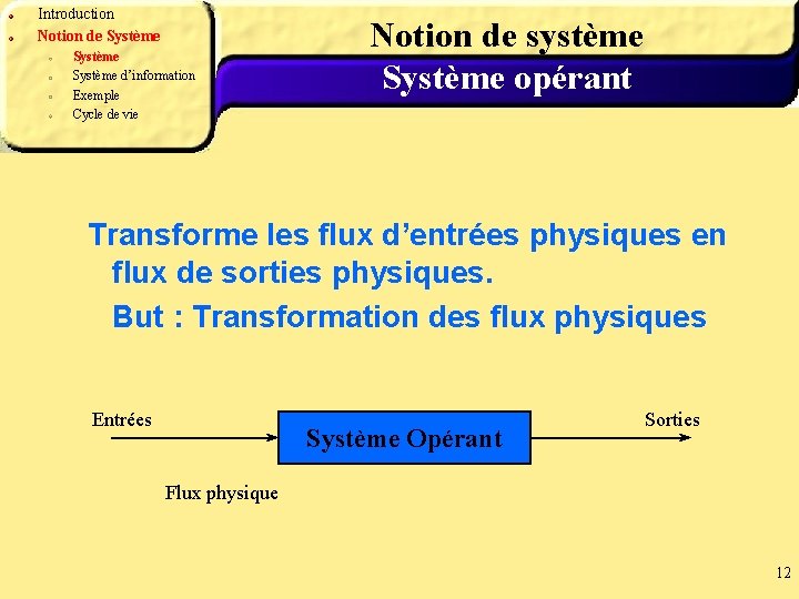 Introduction Notion de Système d’information Exemple Cycle de vie Notion de système Système opérant