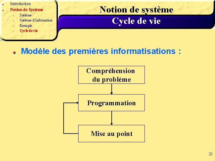 Introduction Notion de Système d’information Exemple Cycle de vie Notion de système Cycle de
